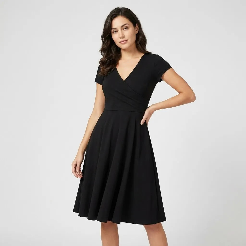Vestido Midi Evasé | Decote em V | Algodão Estruturado