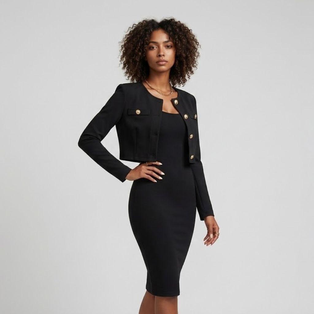 Vestido Estruturado com Blazer Curto Integrado para Presença Elegante