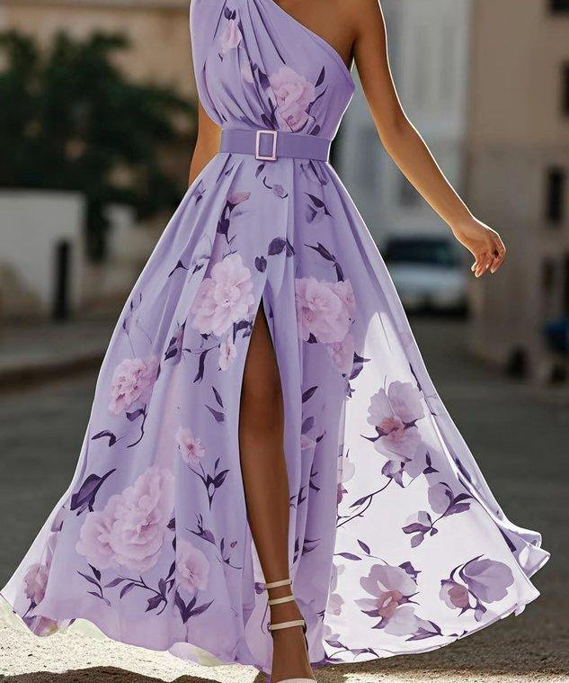 Julie | Vestido Maxi de Chiffon Floral Verde Claro com Um Ombro