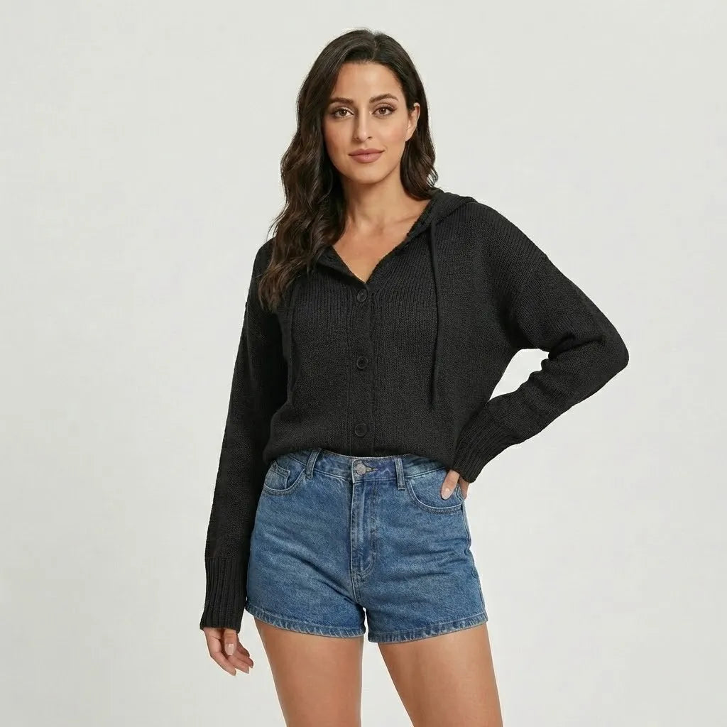 Conforto urbano em malha suave | Cardigan com capuz e botões | Estilo casual moderno
