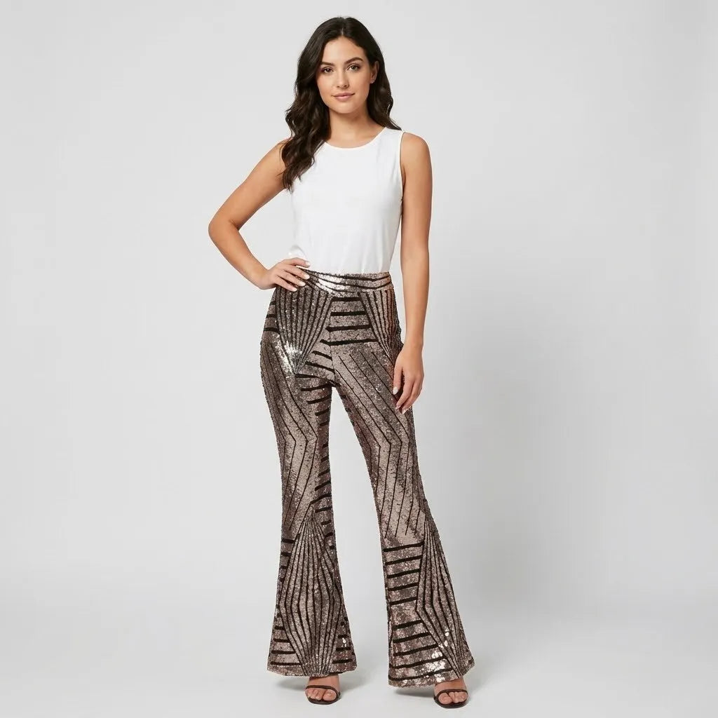 Calças femininas com brilho em mistura de viscose | Corte direito | Estilo elegante contemporâneo