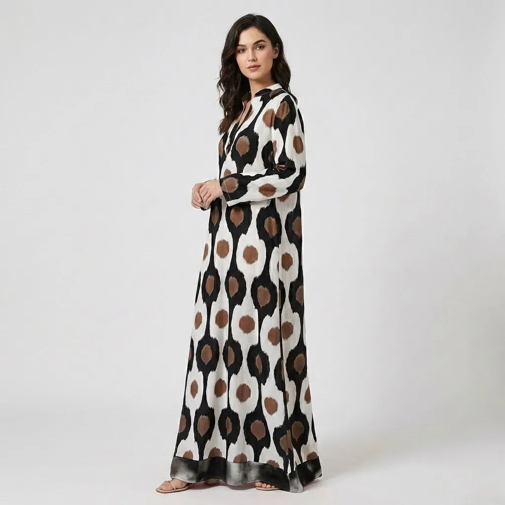 Vestido comprido fluido com estampado geométrico | Corte solto | Elegância boémia