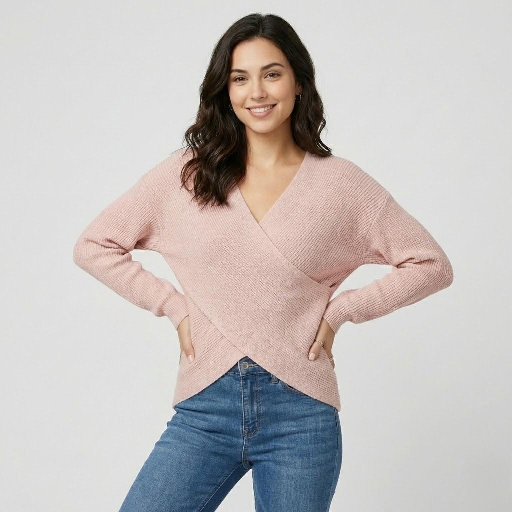 Camisola cruzada em malha canelada | Corte confortável | Decote em V elegante