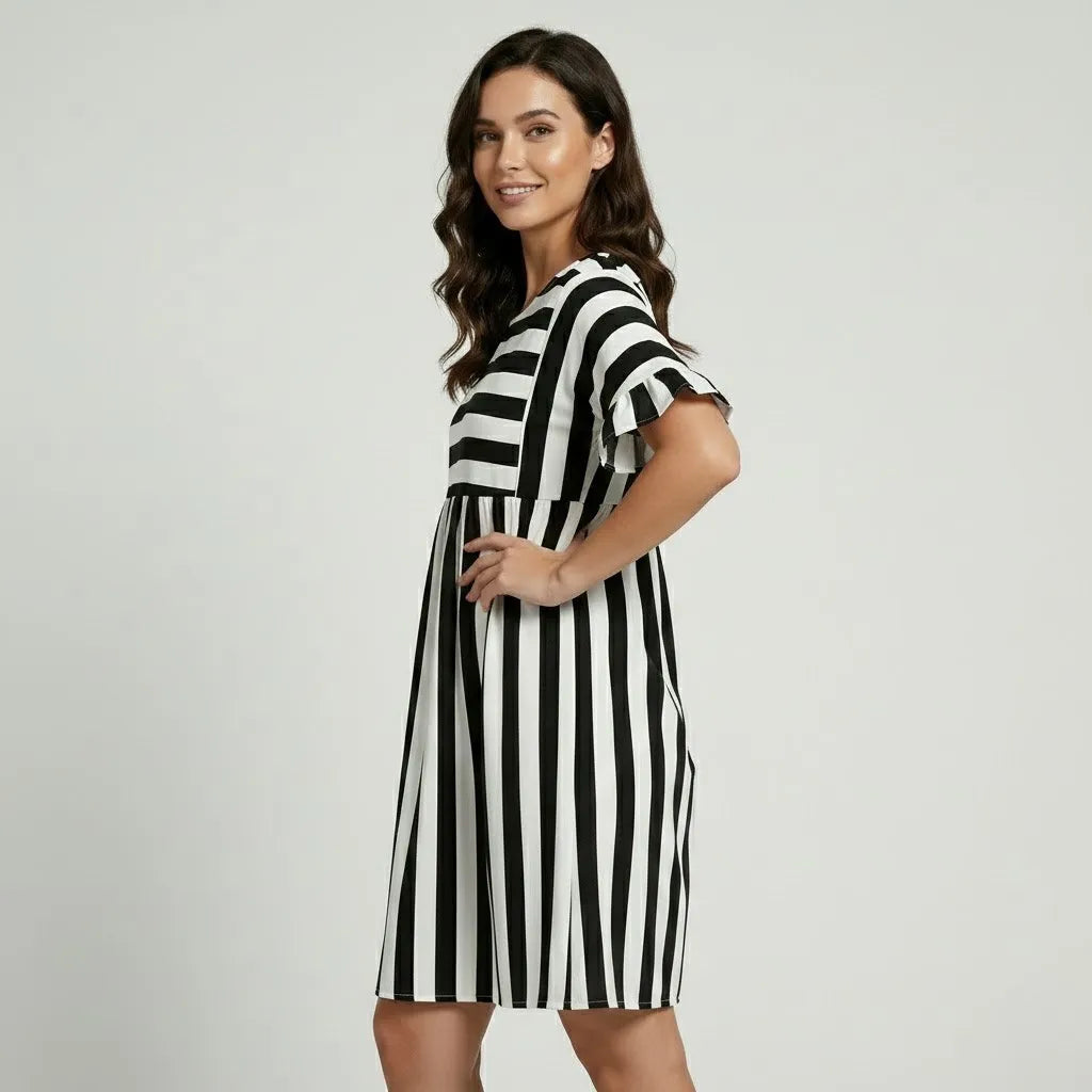 Vestido Curto Solto | Estampado às Riscas | Mistura de Algodão