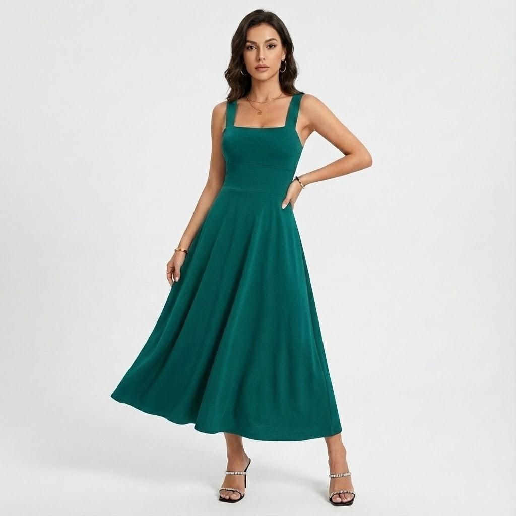 Vestido midi fluido de linhas puras | Corte evasé | Elegância intemporal