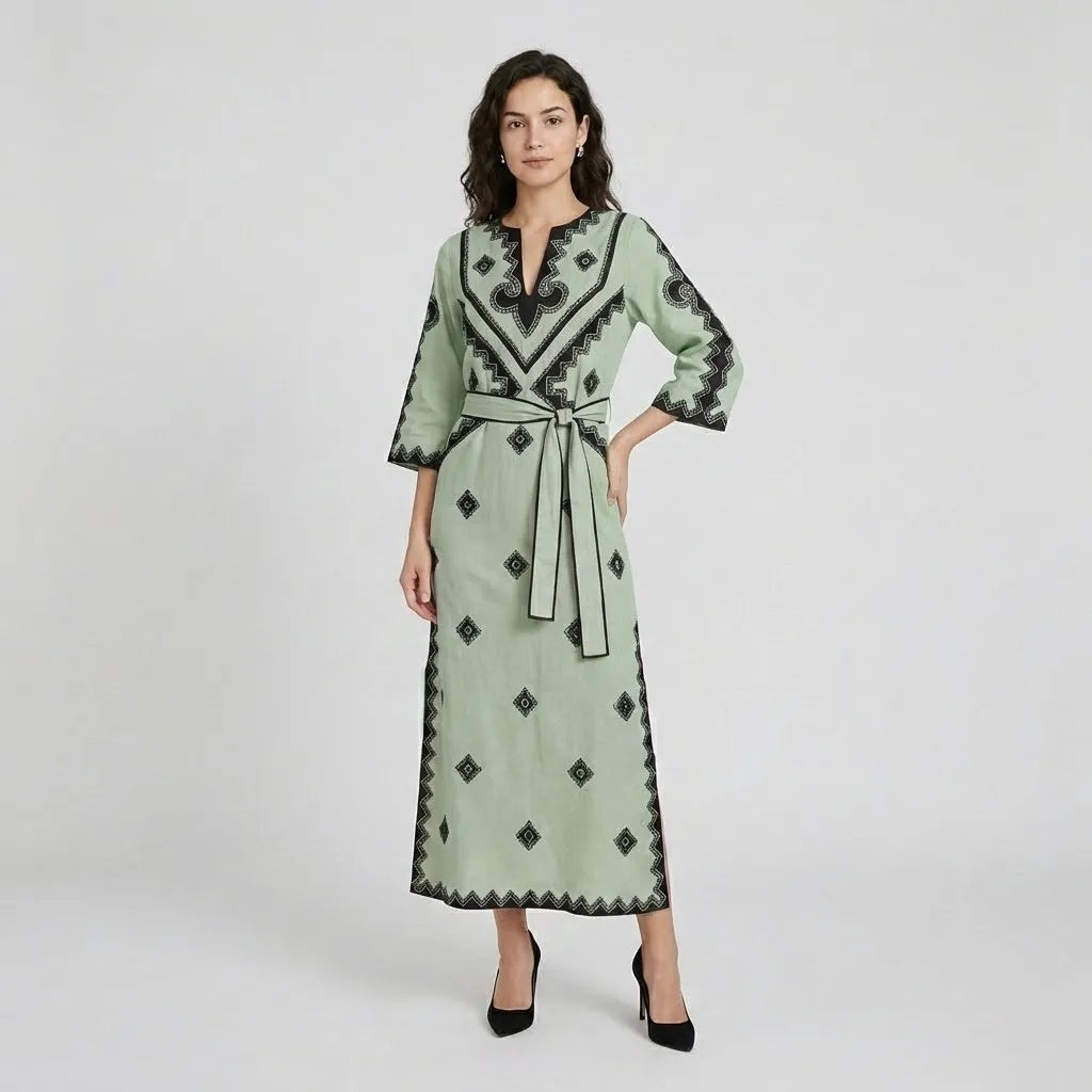 Vestido Maxi Estampado | Manga Ampla 3/4 | Viscose Fluida