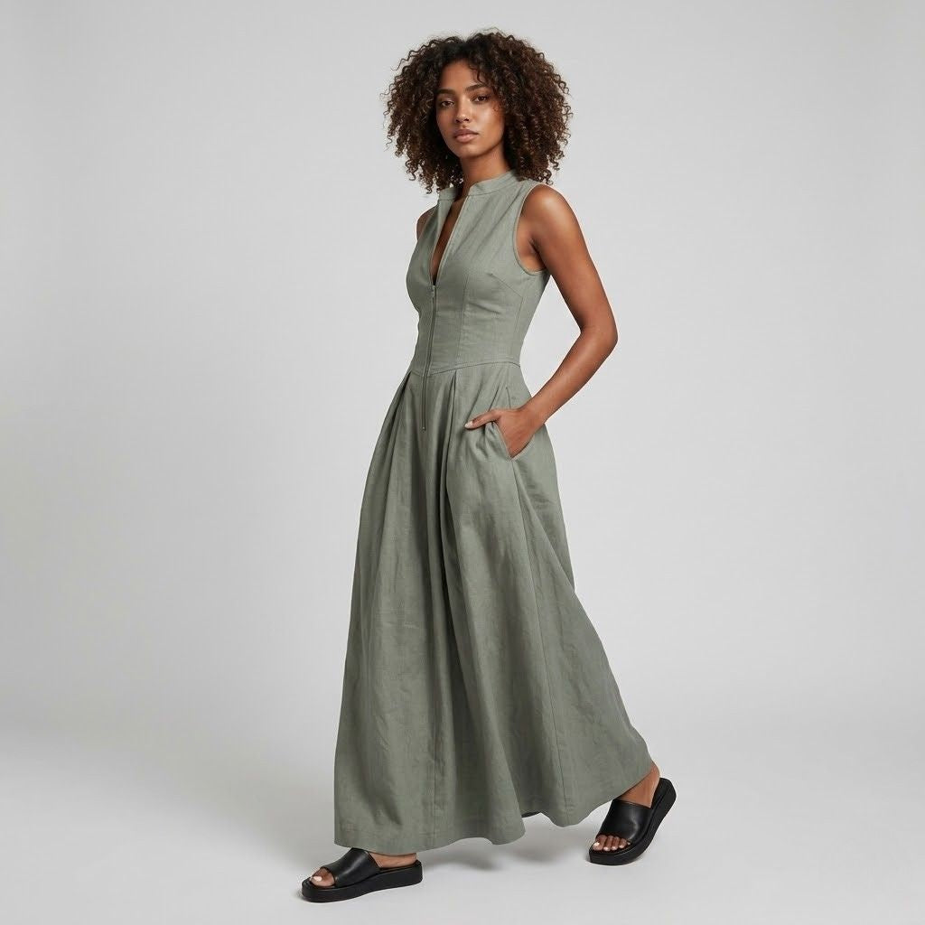Vestido Comprido com Decote Profundo e Cintura Estruturada para Elegância Urbana