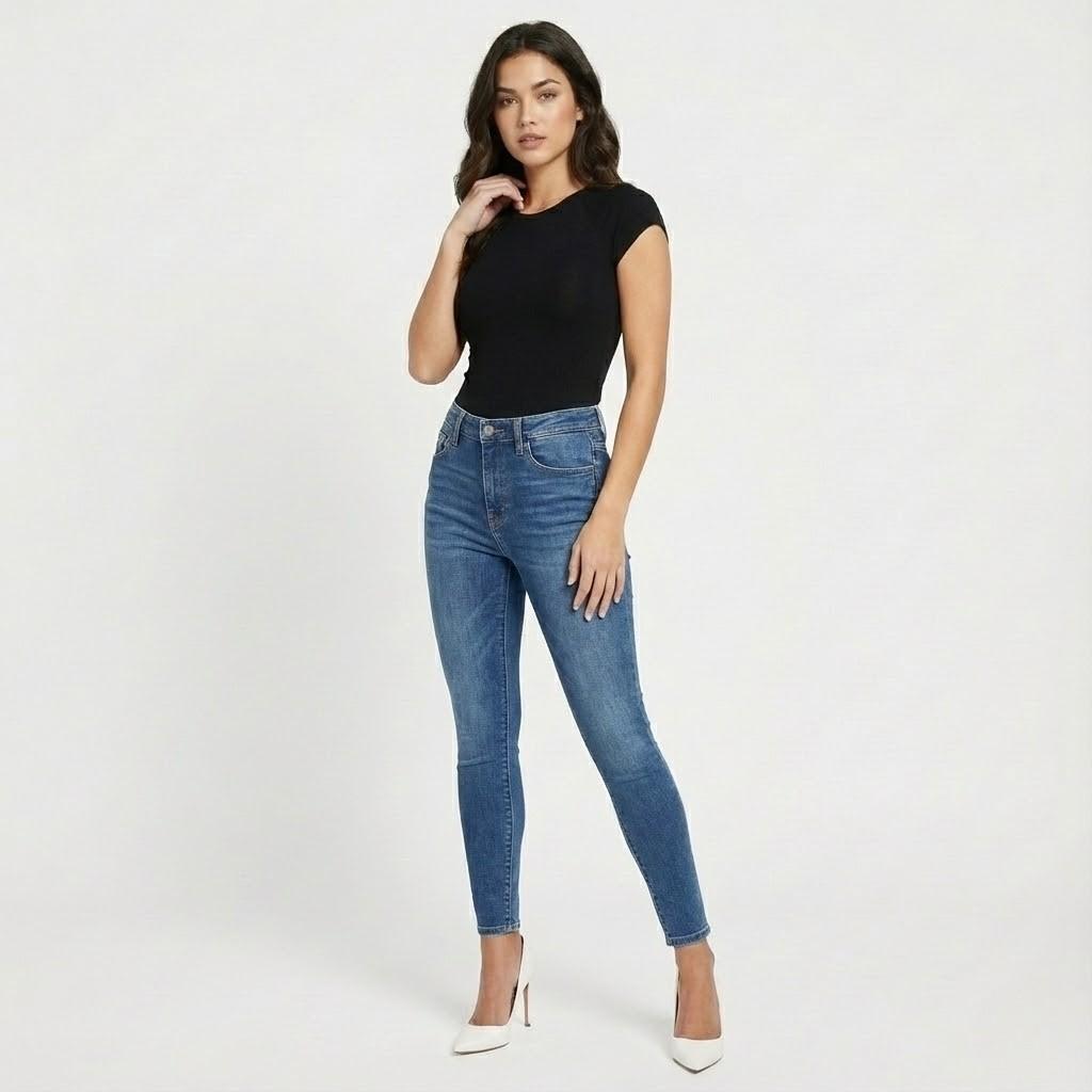 Calças de ganga skinny em mistura de algodão | Cintura subida | Detalhes laterais elegantes