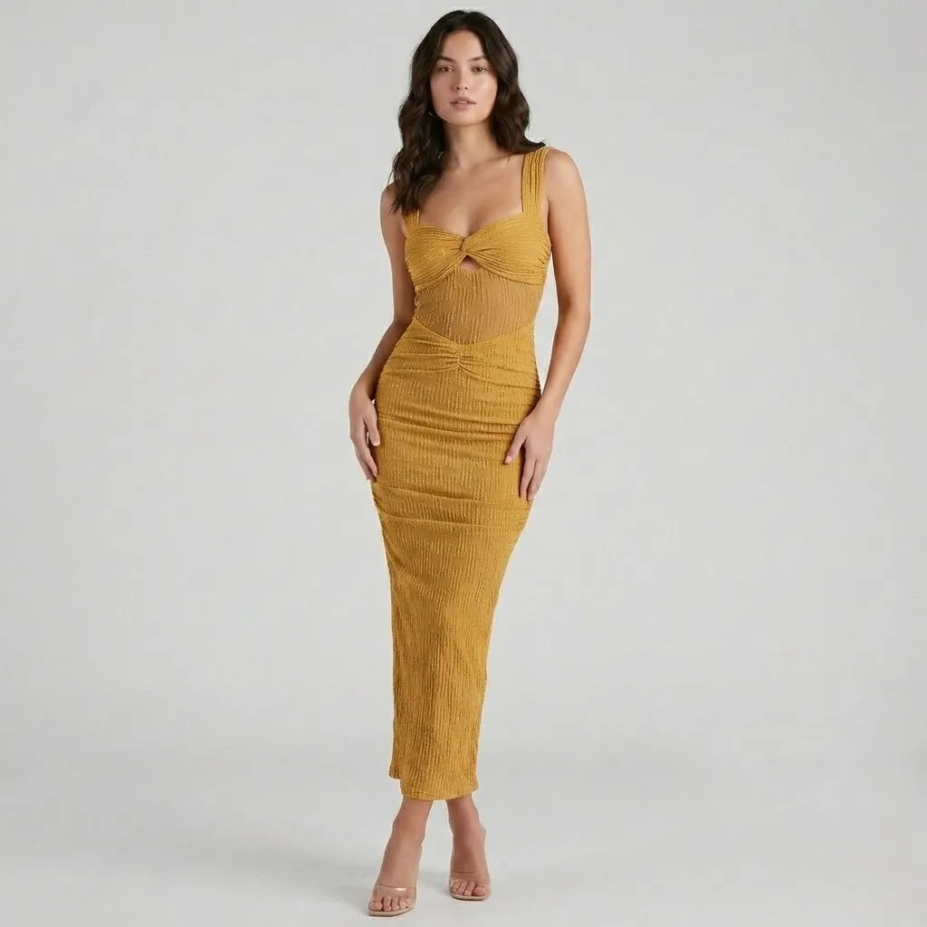 Vestido Midi Ajustado em Malha | Decote Torcido | Efeito Texturado