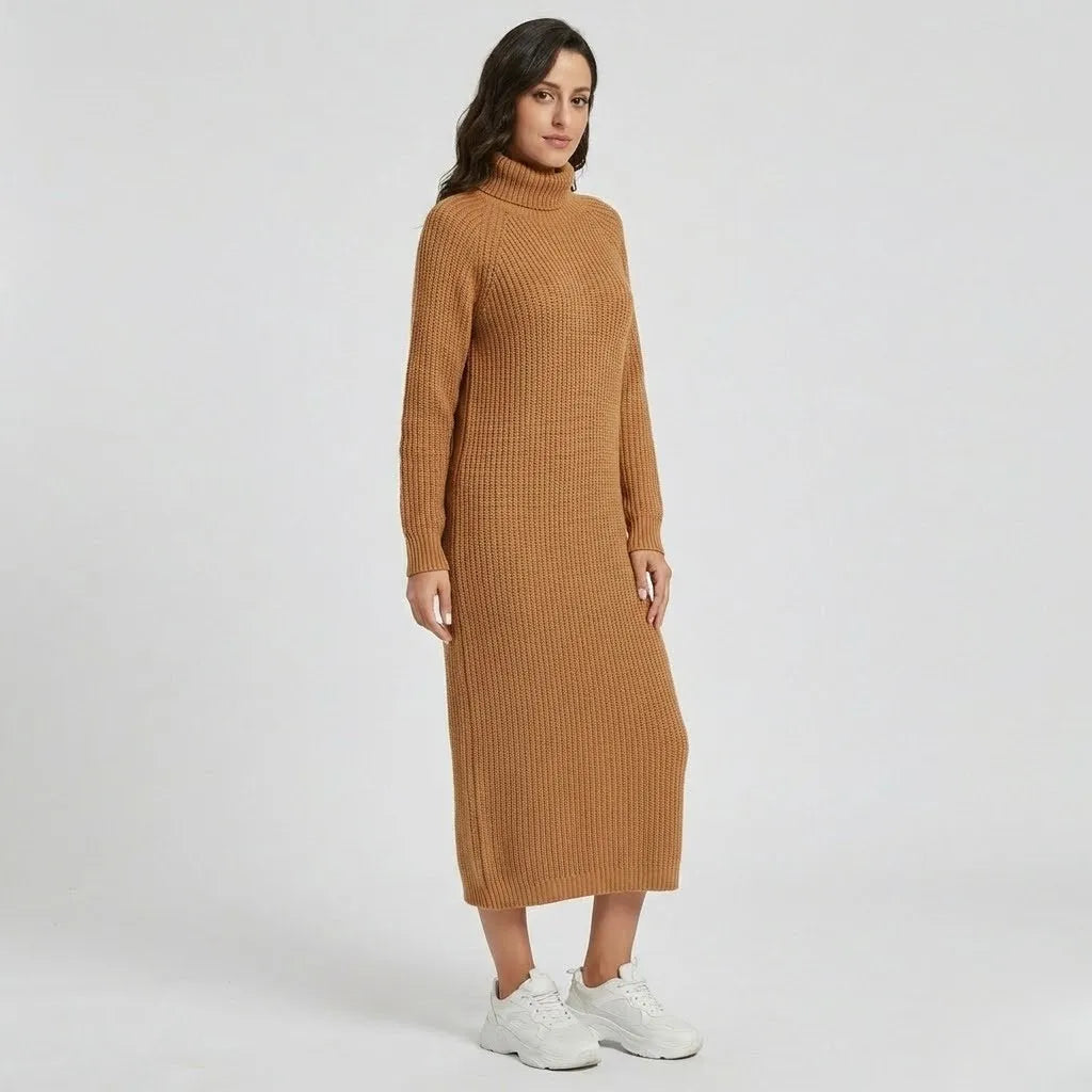 Vestido Maxi de Malha | Gola Alta | Malha Canelada