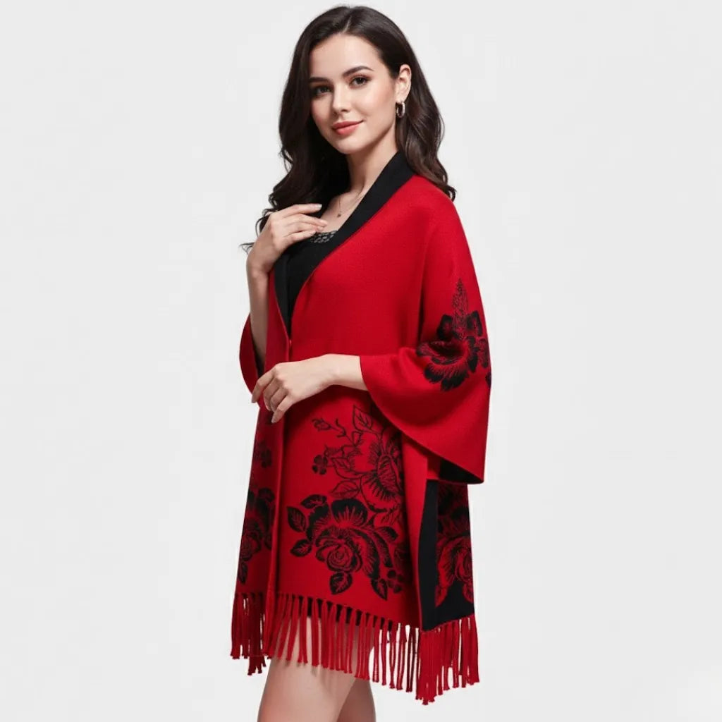 Cardigan tipo kimono em malha elegante | Corte amplo | Padrão floral com franjas