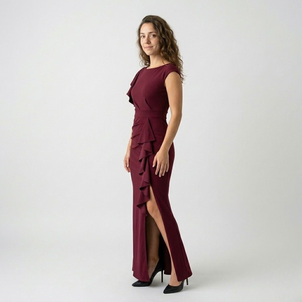 Vestido Comprido Ajustado com Folhos Assimétricos e Abertura Elegante