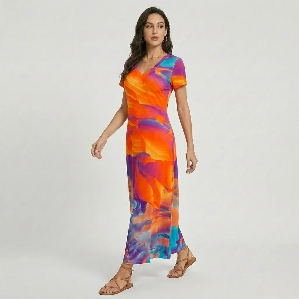 Vestido fluido em mistura de viscose | Corte longo e solto | Estilo boémio sofisticado