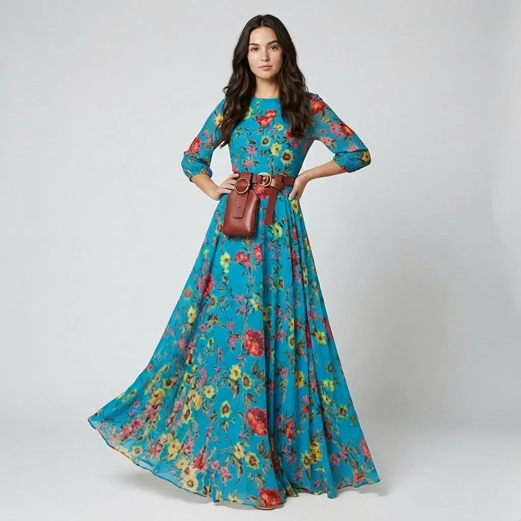 Vestido Maxi Fluido | Estampado Floral | Mistura de Viscose
