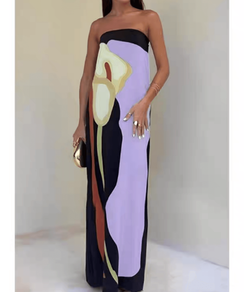 Joan | Vestido Maxi de Festa Estampado Sem Alças em Estilo Costeiro Chic