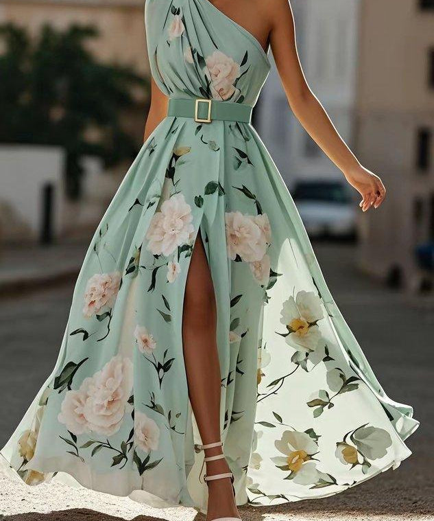 Julie | Vestido Maxi de Chiffon Floral Verde Claro com Um Ombro