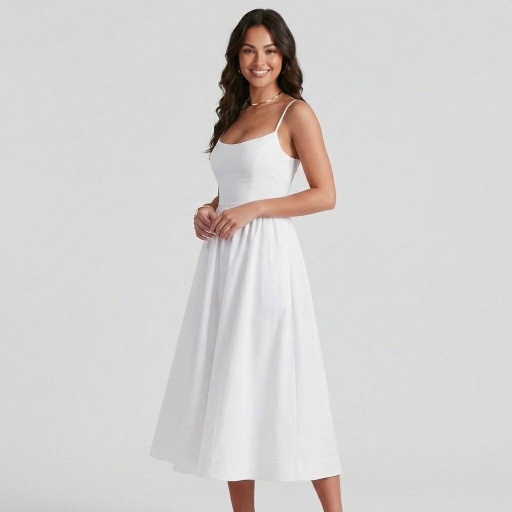 Vestido midi fluido em mistura de viscose | Alças finas | Silhueta feminina leve