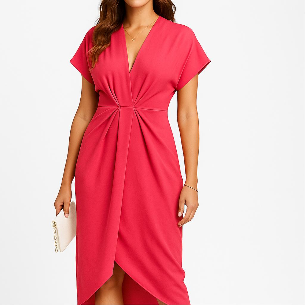 Vestido midi elegante com decote em V e abertura frontal