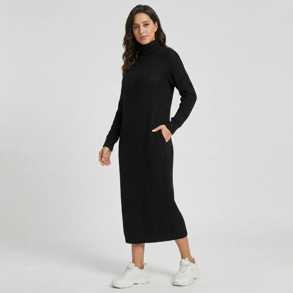 Vestido Maxi de Malha | Gola Alta | Malha Canelada