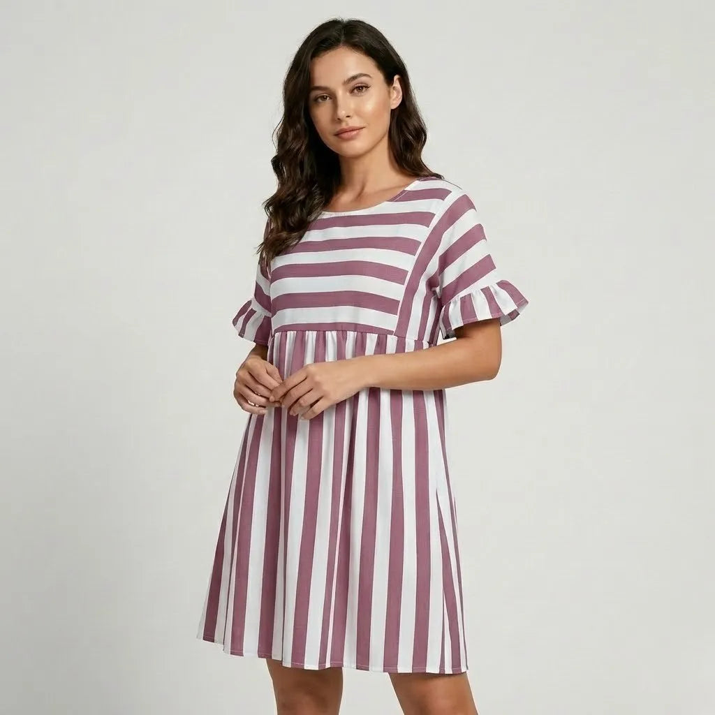 Vestido Curto Solto | Estampado às Riscas | Mistura de Algodão