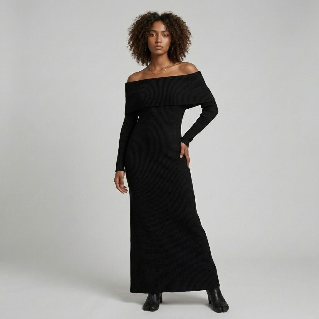 Vestido Comprido de Malha com Decote Ombro a Ombro e Caimento Fluido