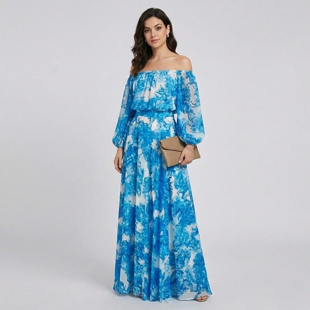 Vestido maxi fluido em mistura de viscose | Ombro a ombro | Elegância de verão