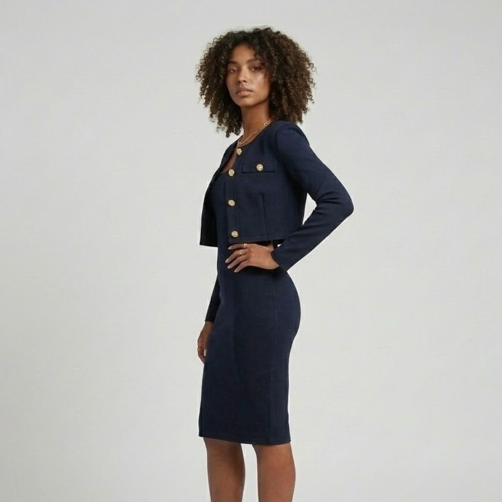 Vestido Estruturado com Blazer Curto Integrado para Presença Elegante