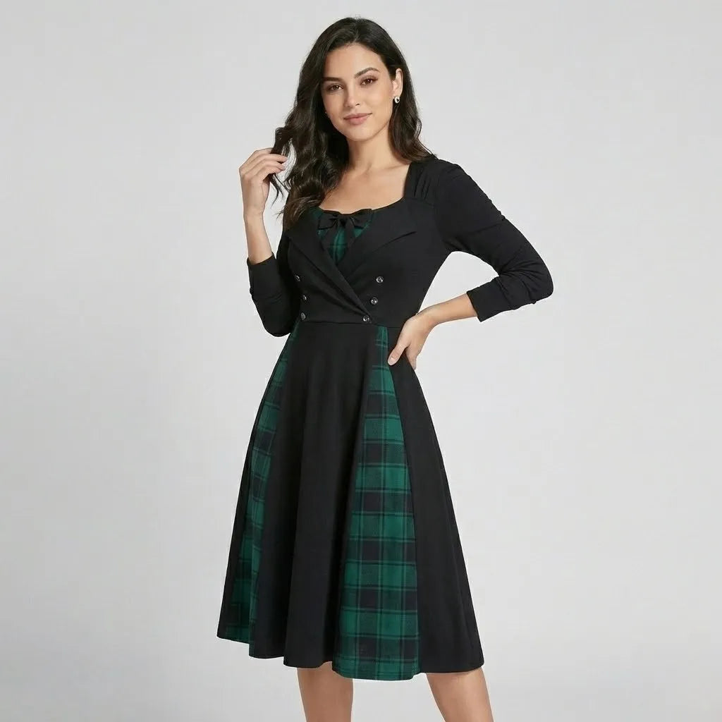 Vestido midi estruturado com painéis xadrez | Corte evasé | Elegância contemporânea
