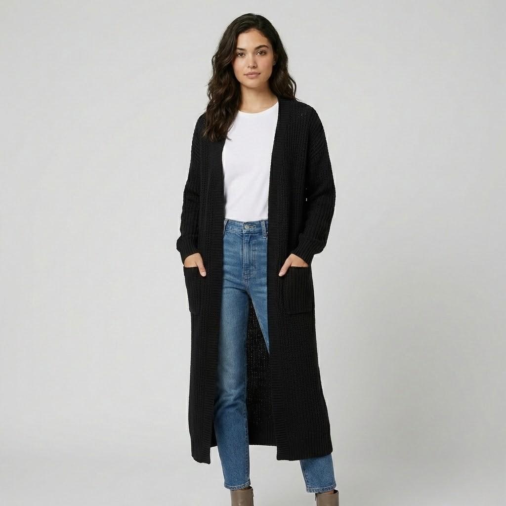 Cardigan longo em malha texturada | Corte solto | Estilo urbano elegante