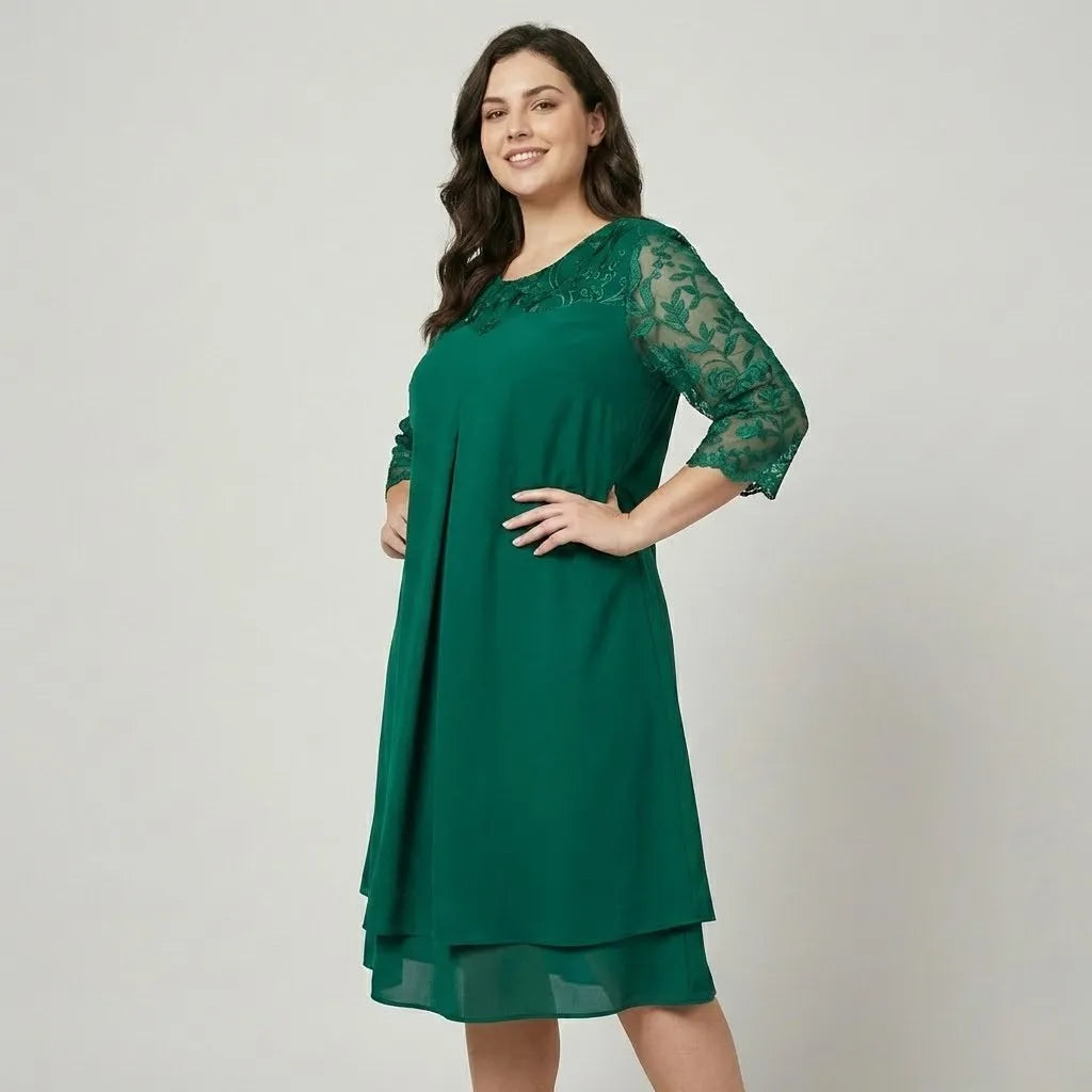 Vestido Midi Elegante | Manga Rendida | Mistura de Viscose