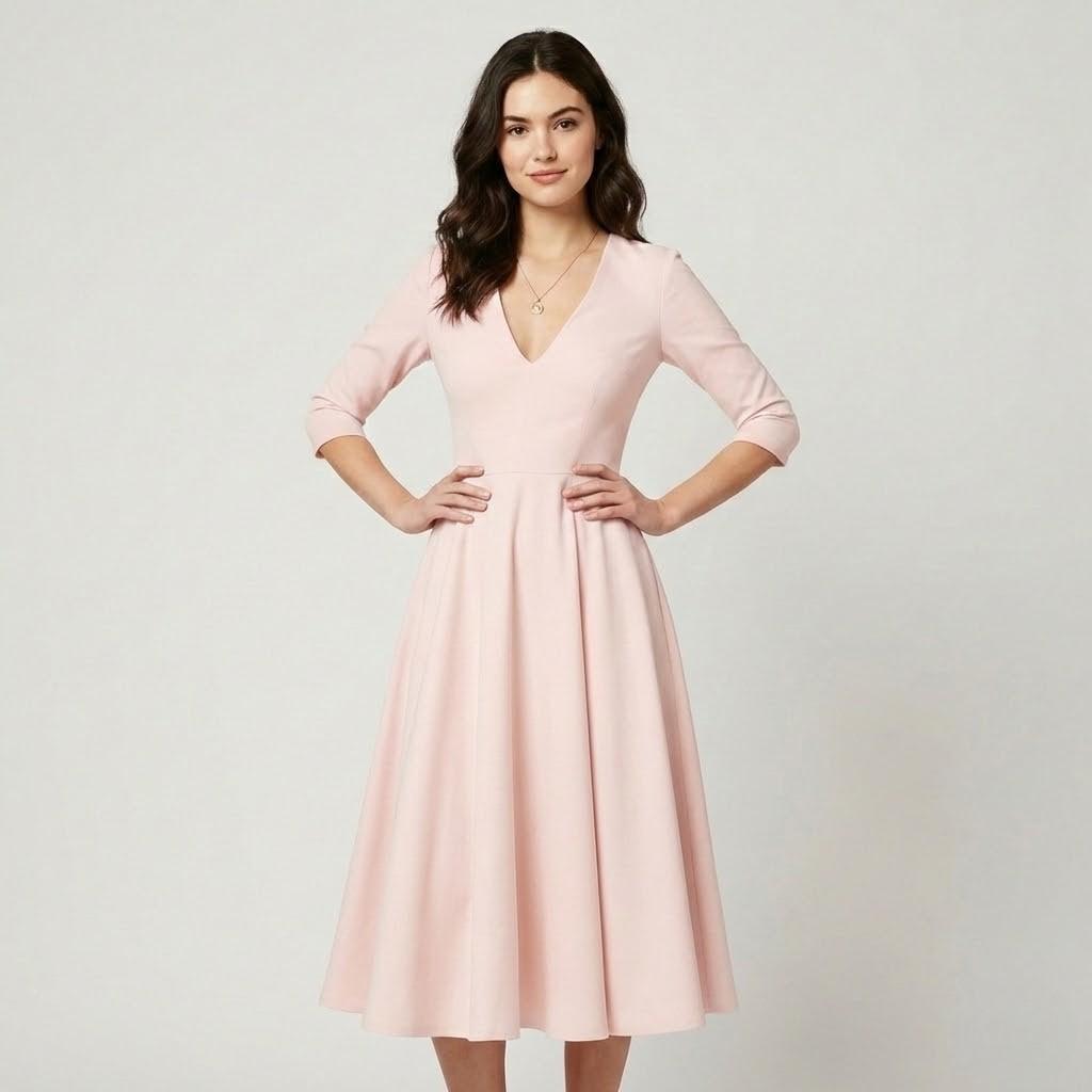 Vestido midi fluido em mistura de viscose | Cintura marcada | Decote em V elegante