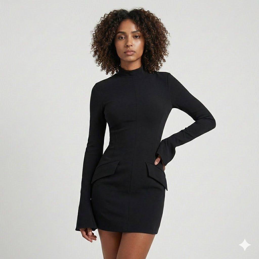 Vestido Curto Ajustado com Manga Comprida e Gola Alta Estruturada
