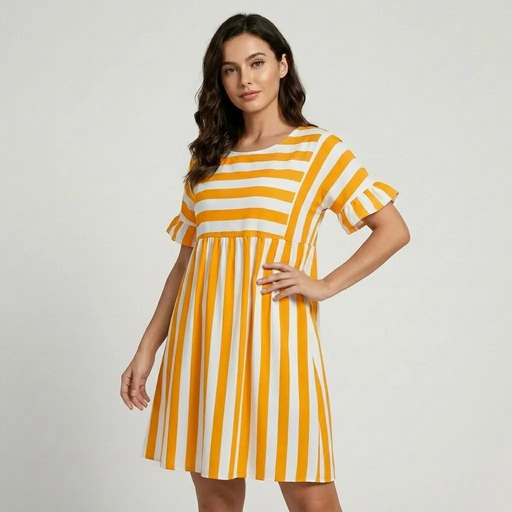 Vestido Curto Solto | Estampado às Riscas | Mistura de Algodão