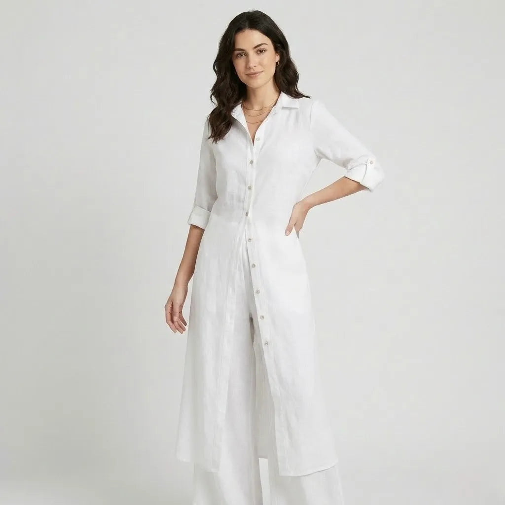 Conjunto fluido em mistura natural | Camisa longa e calças largas | Elegância leve e intemporal