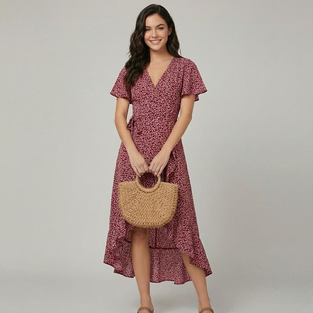 Vestido fluido com padrão delicado | Corte envelope | Elegância feminina