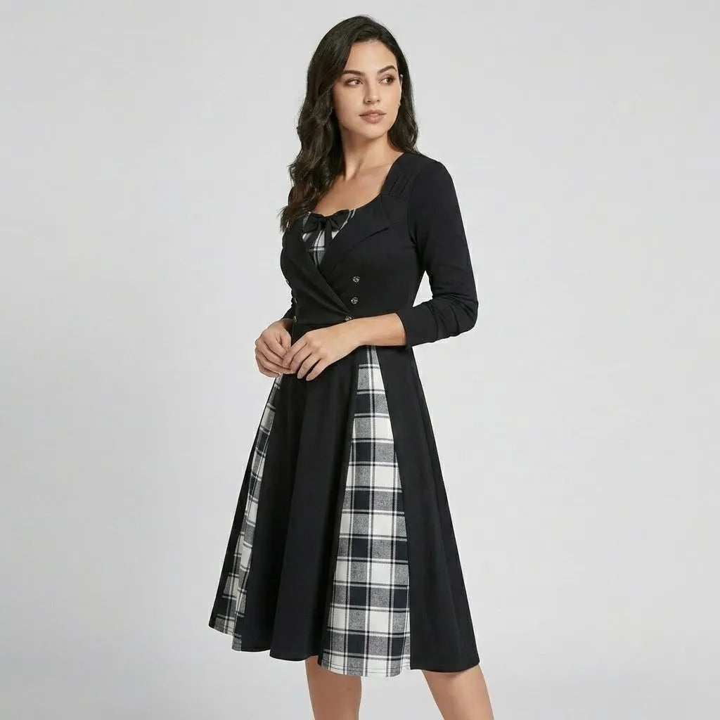Vestido midi estruturado com painéis xadrez | Corte evasé | Elegância contemporânea