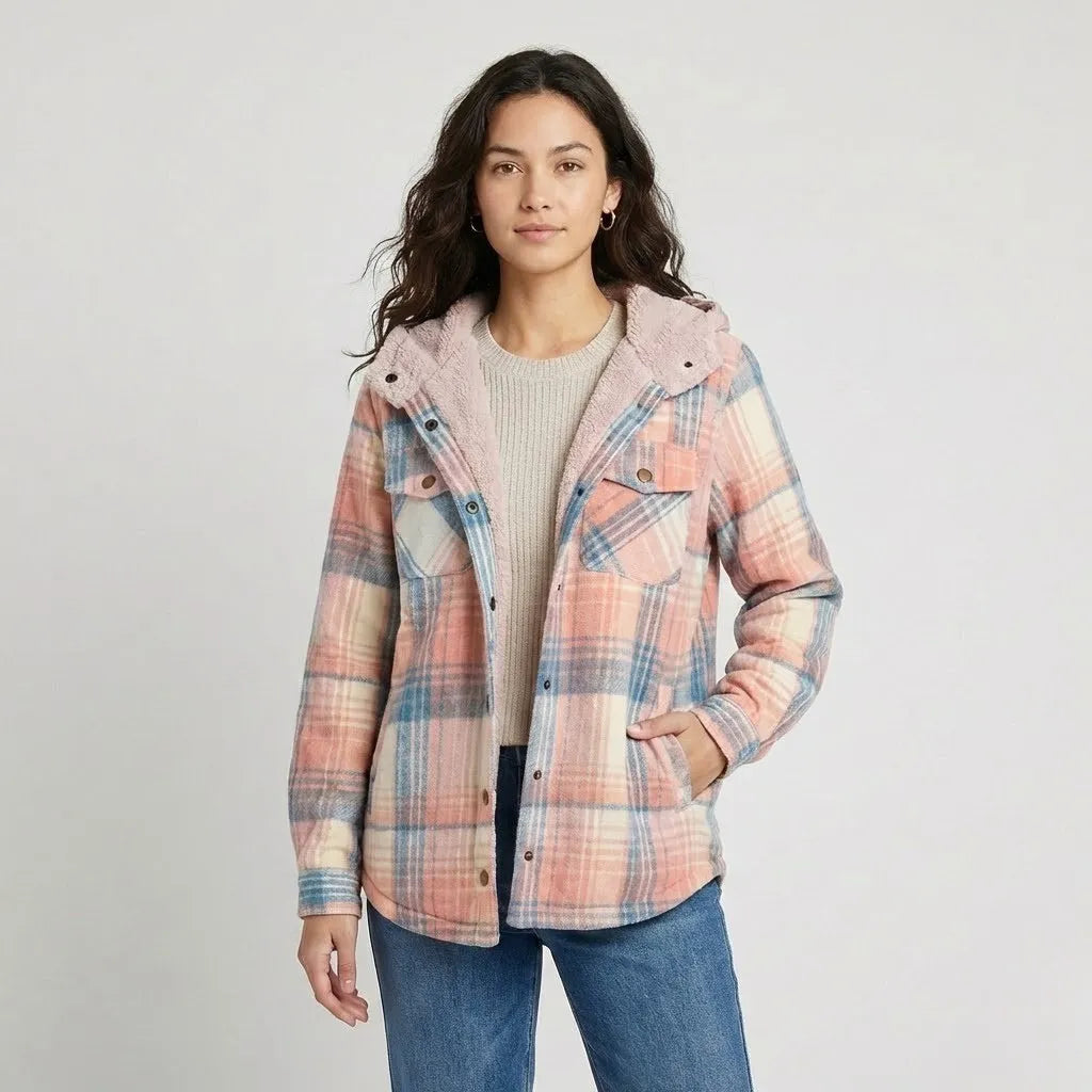 Conforto urbano com forro macio | Casaco aos quadrados com capuz | Estilo casual de inverno