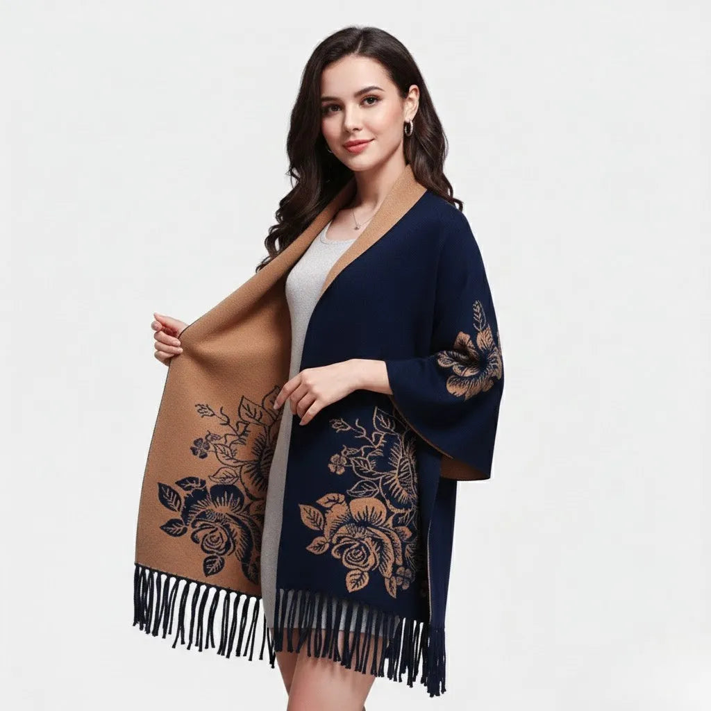 Cardigan tipo kimono em malha elegante | Corte amplo | Padrão floral com franjas