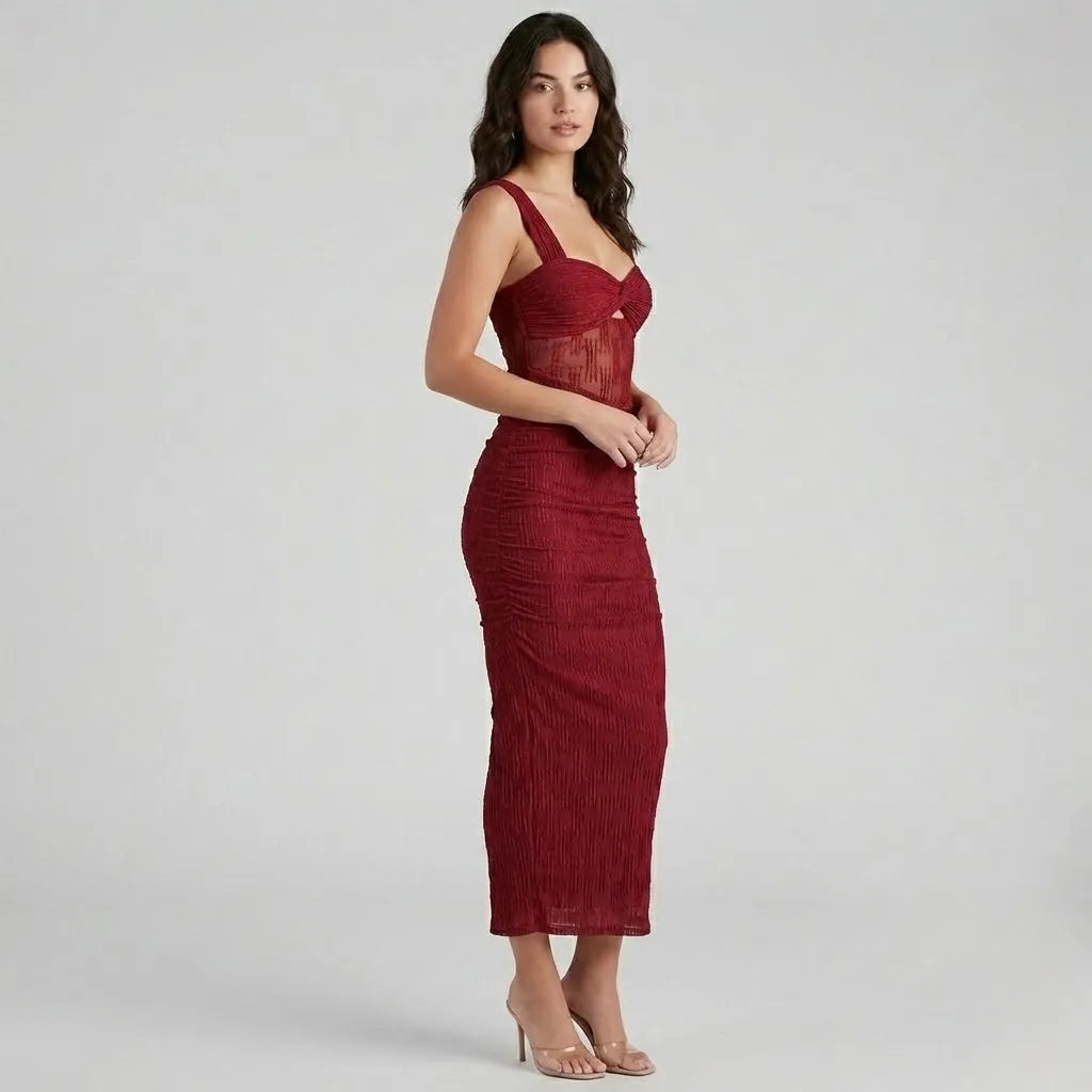 Vestido Midi Ajustado em Malha | Decote Torcido | Efeito Texturado