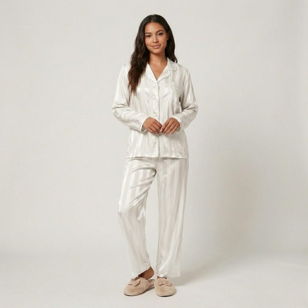 Conjunto pijama acetinado com padrão riscado | Corte fluido | Elegância relaxada