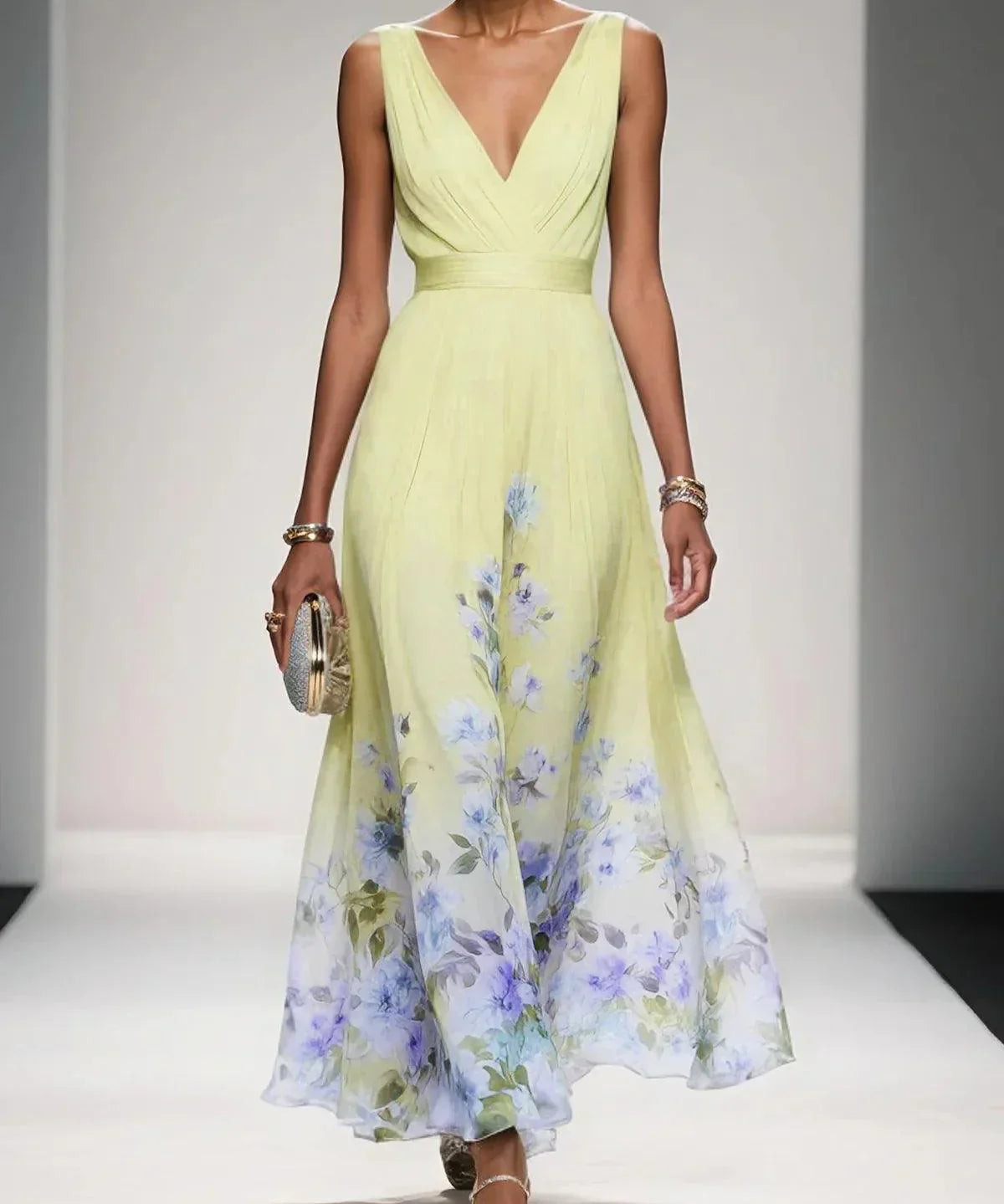 Rosa | Vestido Maxi de Chiffon Floral Azul Claro com Decote em V