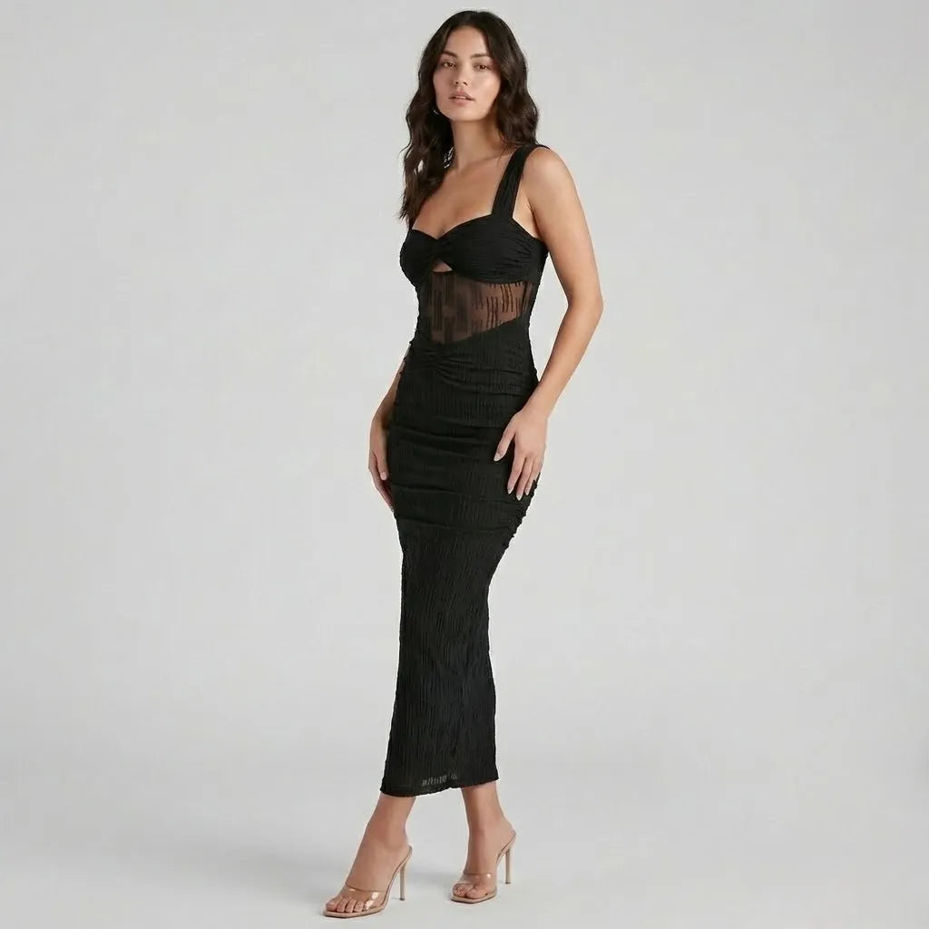 Vestido Midi Ajustado em Malha | Decote Torcido | Efeito Texturado