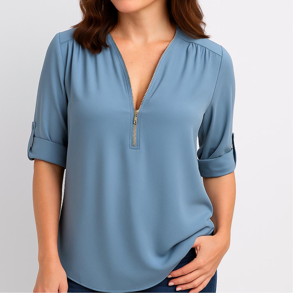 Blusa feminina fluida com decote em V e mangas dobradas