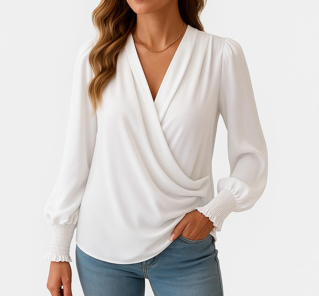 Blusa feminina cruzada com decote em V e mangas compridas