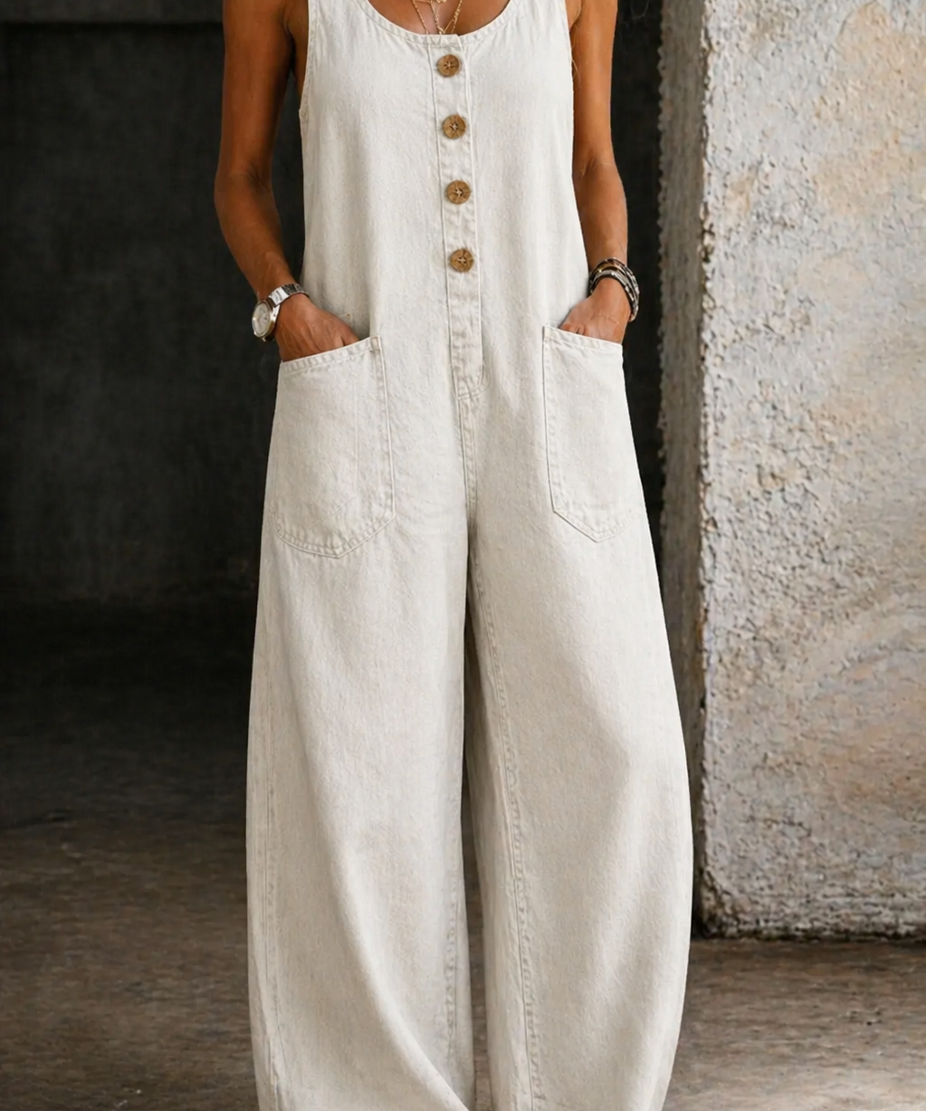 Vânia - Macacão de Algodão Denim Vintage Lavado
