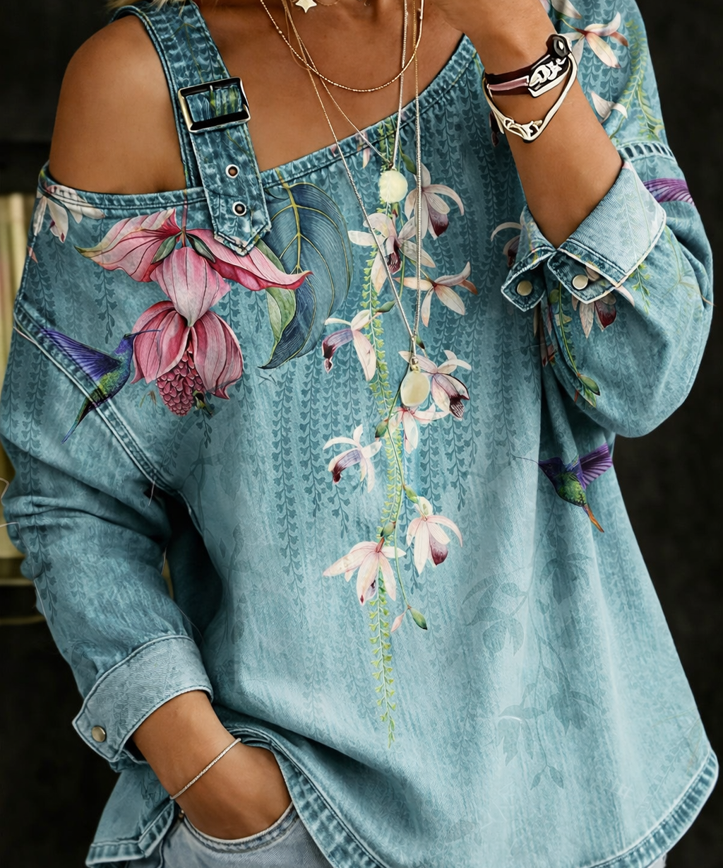 Carla - Top de Denim com Ombros à Mostra
