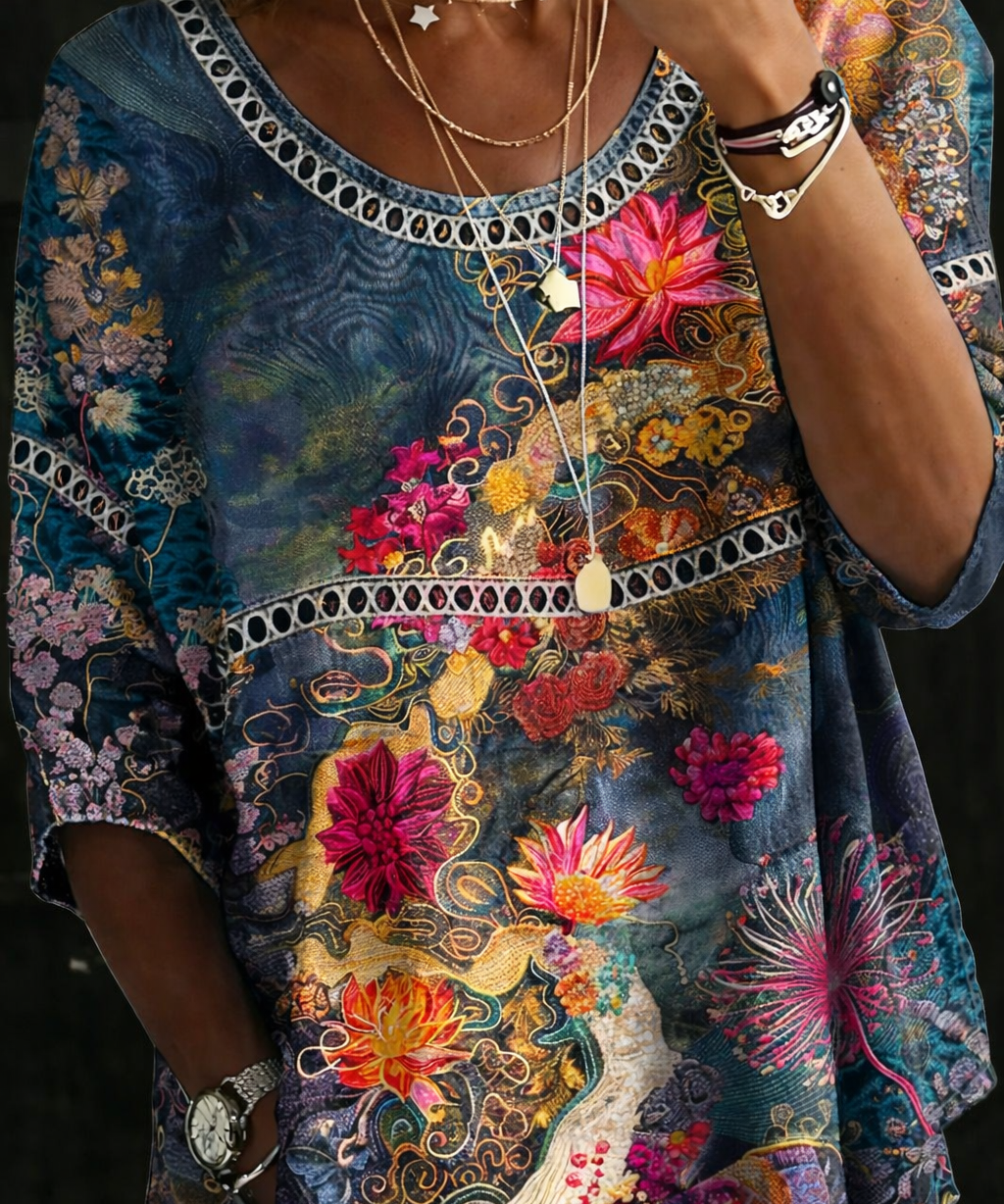 Sandra - Blusa de Denim Floral Vintage