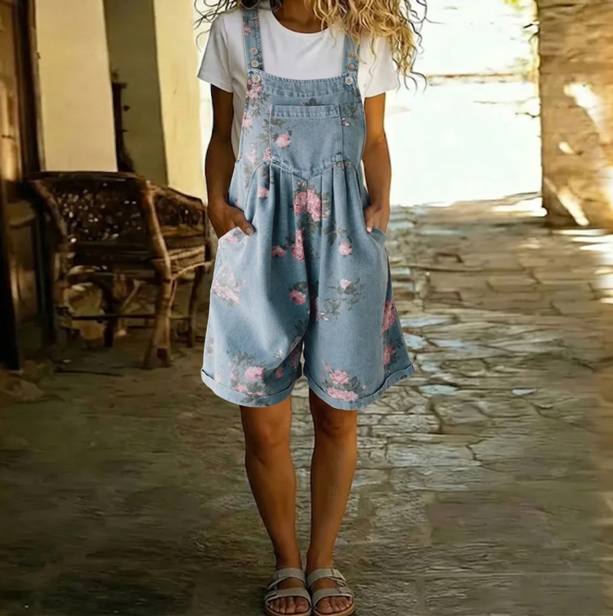 Joana - Macacão Floral em Denim