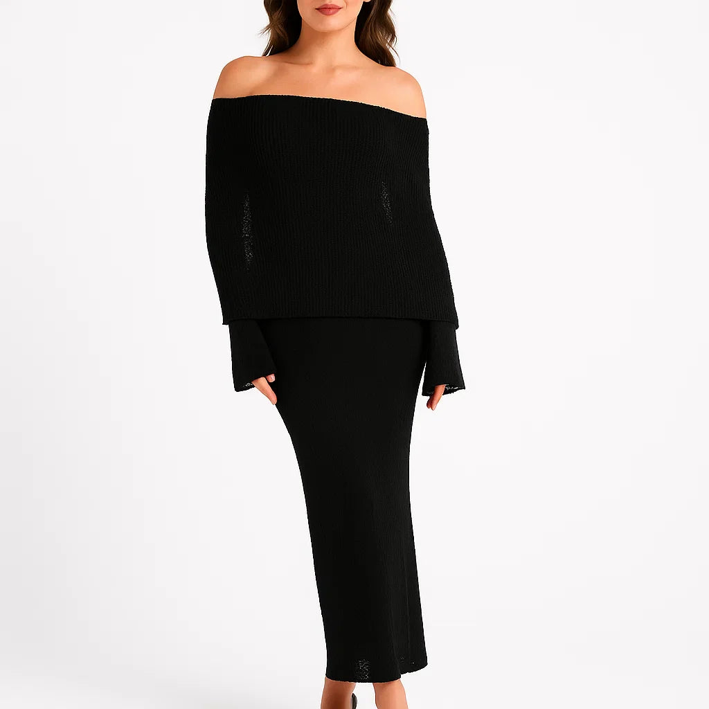 Vestido comprido justo com decote ombro a ombro para senhora