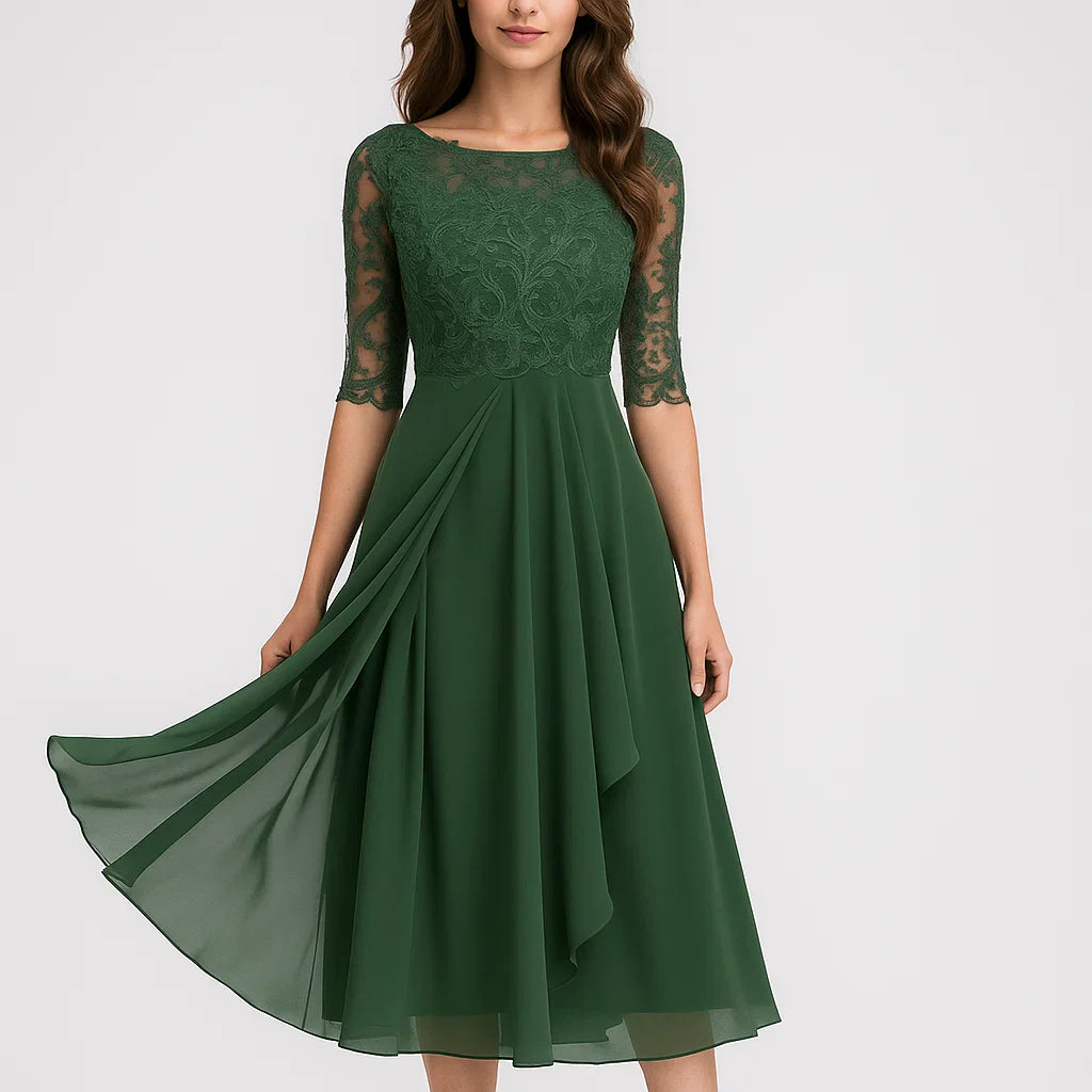 Vestido midi fluido com mangas três quartos para senhora